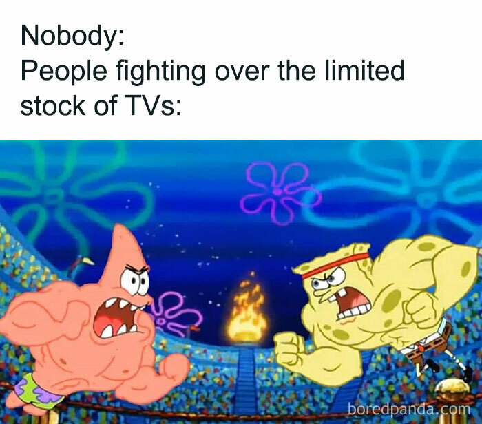 Funny Black Friday meme with animated characters fighting over limited TV stock.