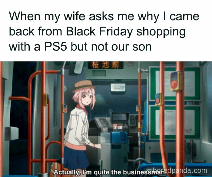 Anime character with caption about returning from Black Friday shopping with a PS5 instead of a son.