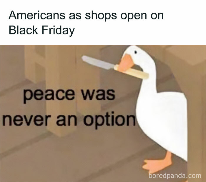 Funny Black Friday meme with a goose holding a knife and text: "peace was never an option."