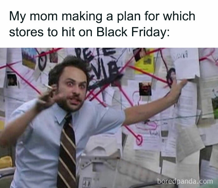 Man animatedly planning with a chaotic diagram on Black Friday, embodying funny meme humor.