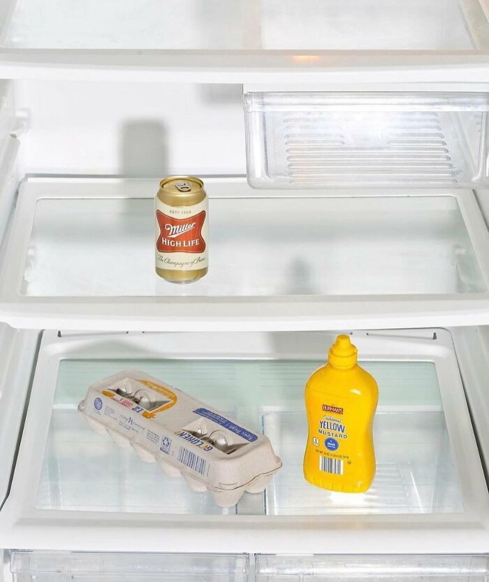 Minimalist dude fridge with beer, eggs, and mustard.