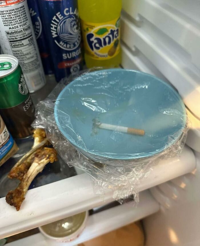 Chaotic 'Dude Fridge' with chicken bones, a cigarette on a plate, White Claw, and Fanta bottles.