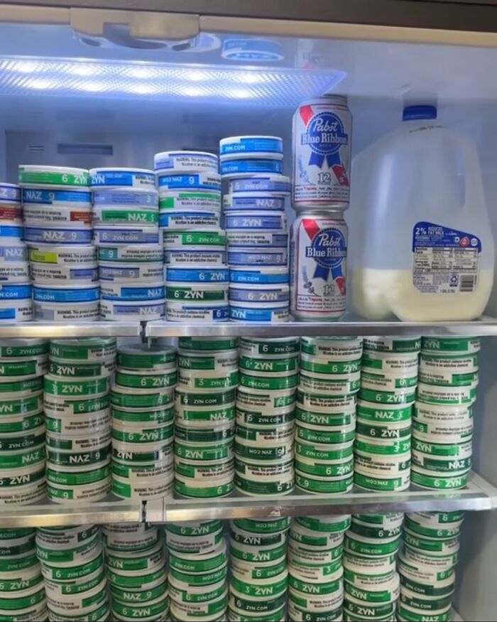 Stacks of cans in a chaotic dude fridge with milk and beer cans.