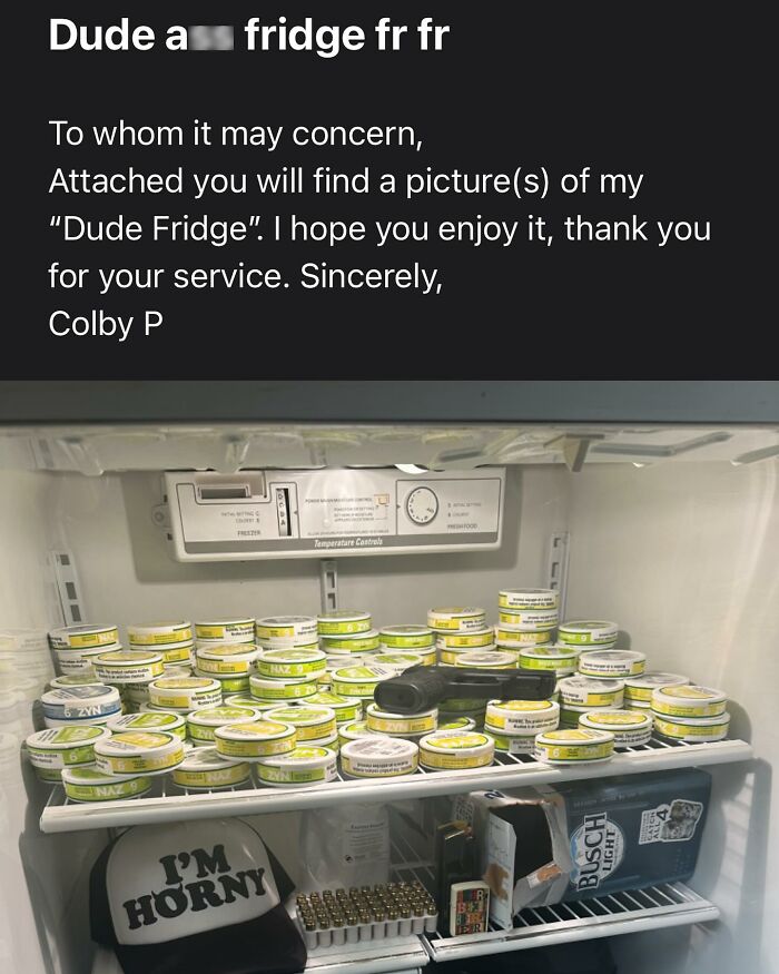 'Dude fridge' filled with Zyn tins, gun, hat saying 'I'm Horny', ammo, and Busch Light.