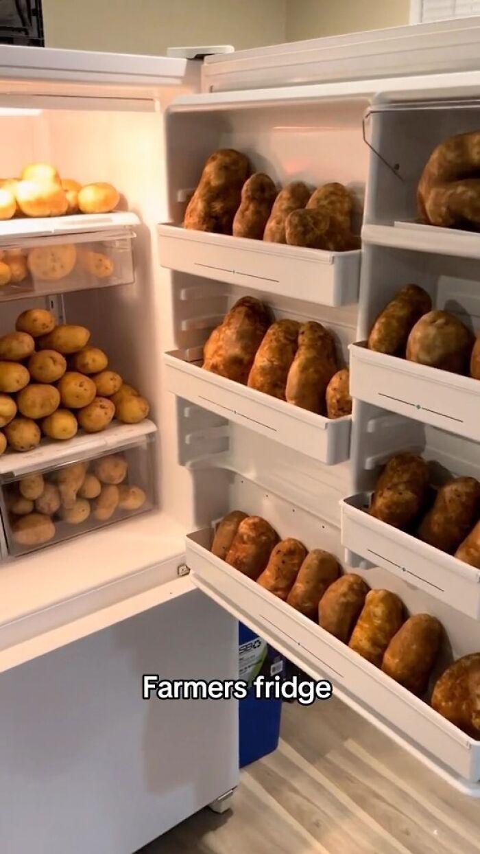 Open fridge filled with potatoes in a chaotic display from the Dude Fridges Instagram account.