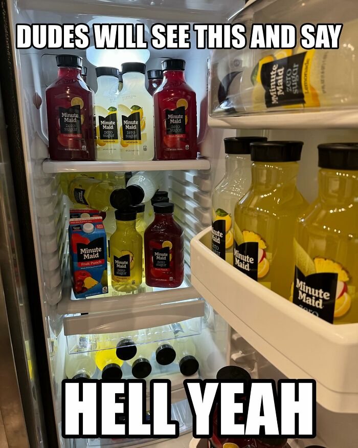 Open fridge filled with Minute Maid drinks, showcasing a typical "dude fridge" vibe.