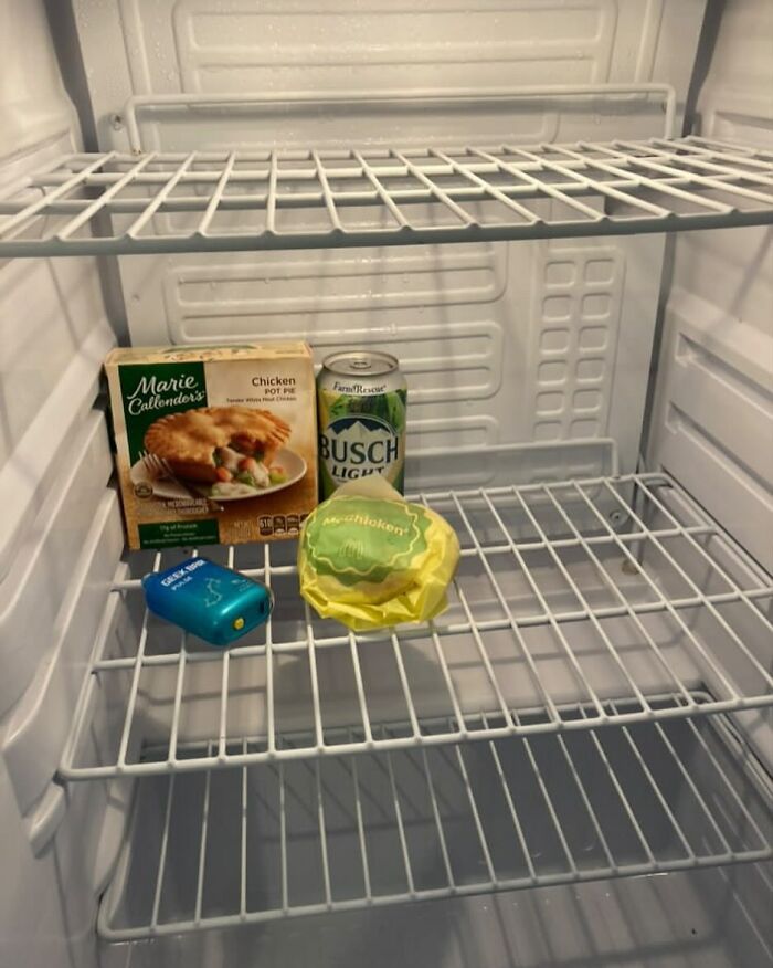 Sparse dude fridge with frozen meal, beer, McDonald's burger, and blue vape pod on wire shelves.