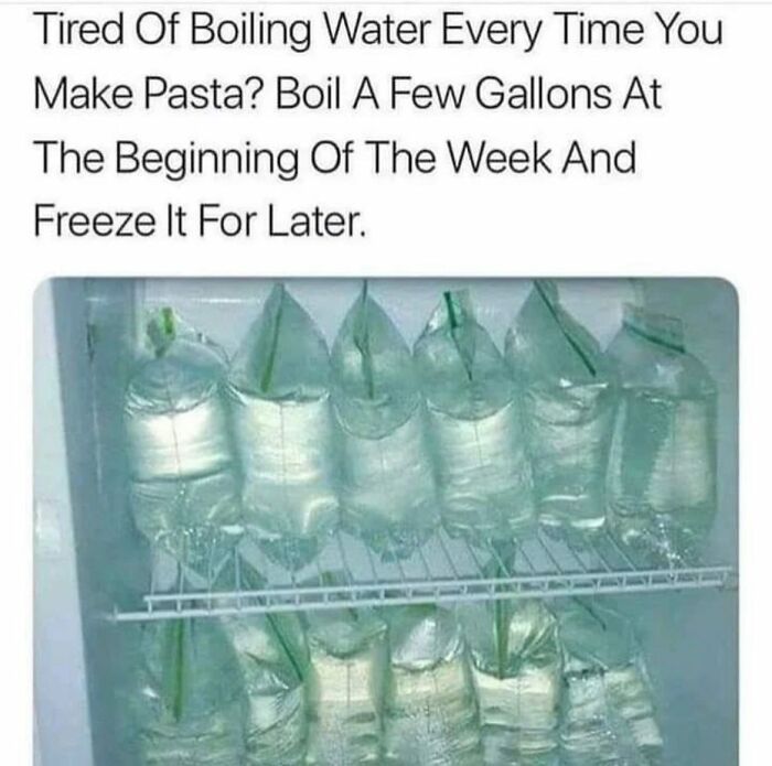 Bags of water frozen in a fridge with text suggesting it's for pasta; a chaotic 'dude fridge' hack.