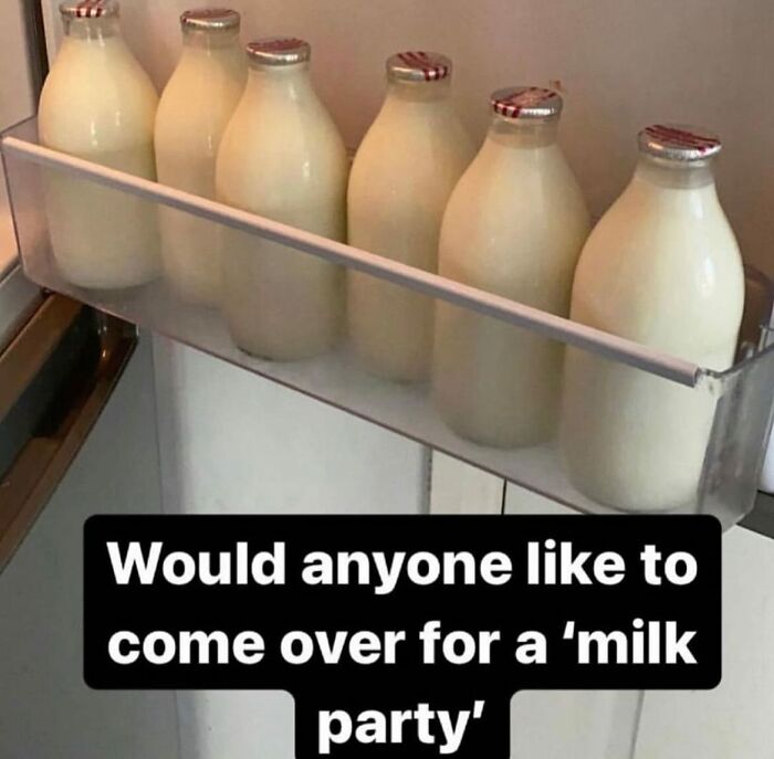 Bottles of milk in a fridge with a humorous caption, exemplifying chaotic dude fridges.