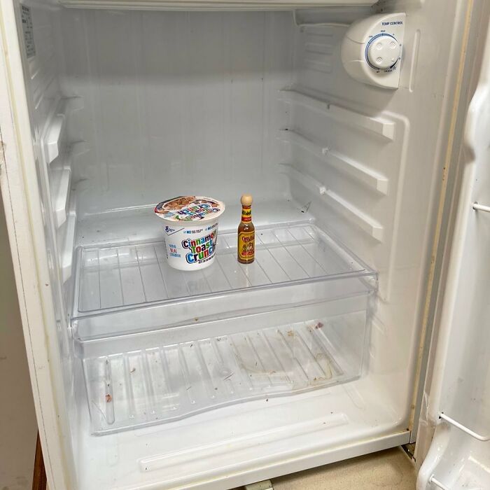 Chaotic dude fridge with a small yogurt and a hot sauce bottle inside, showing an unconventional food storage style.