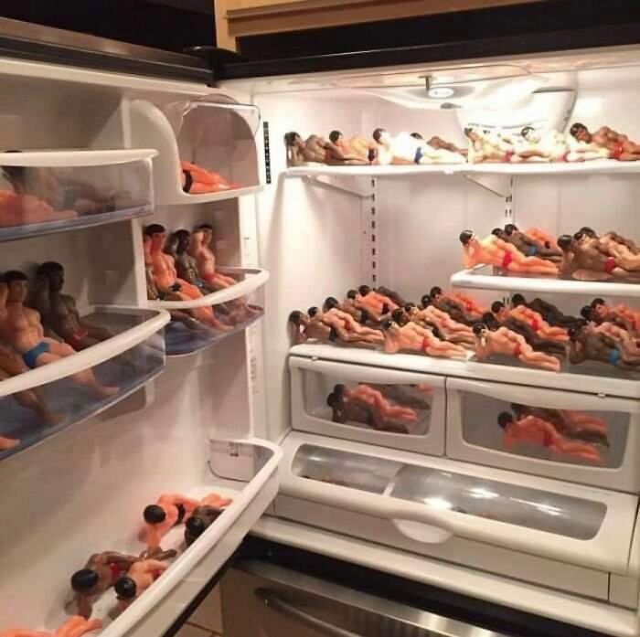 Barbie dolls neatly stacked inside a refrigerator, showcasing a quirky, chaotic storage method from an Instagram account.