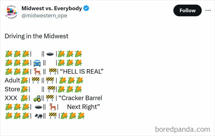 Emoji depiction of driving in the Midwest with corn, animals, signs, and Cracker Barrel reference.