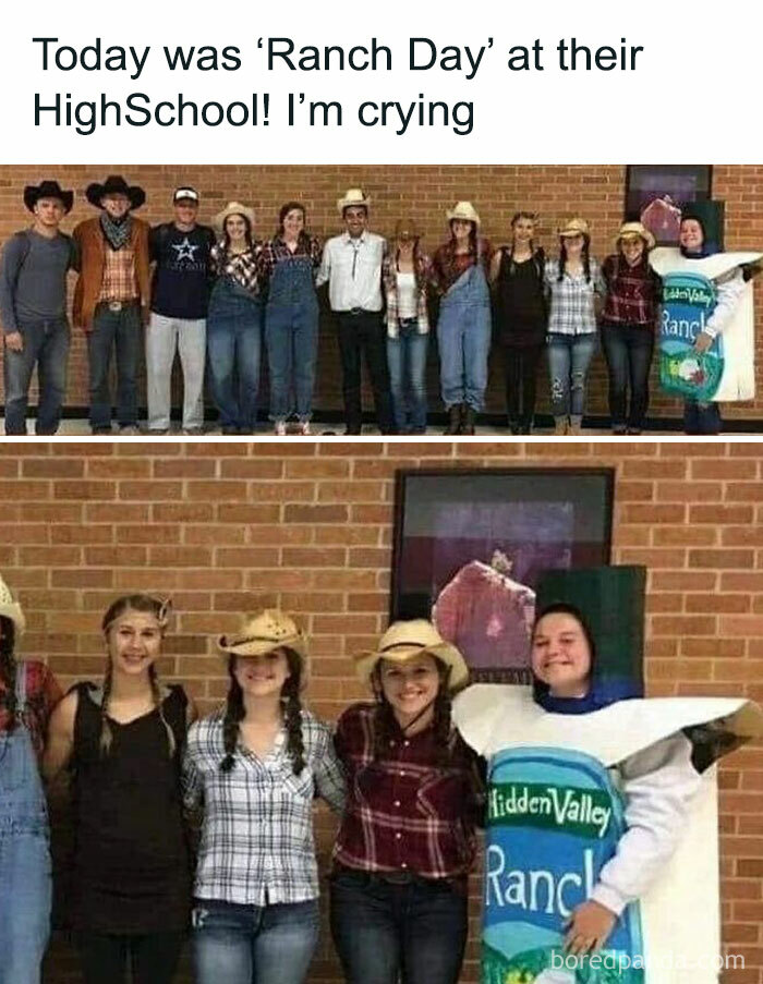 Students in Midwest high school wearing ranch-themed costumes for Ranch Day, showcasing regional culture.