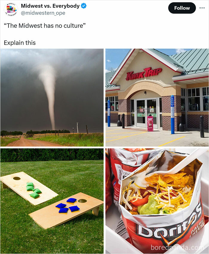 Midwest culture: tornado, Kwik Trip store, cornhole game, and Doritos meal.