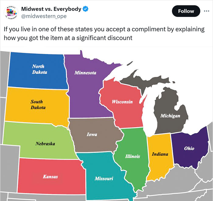 Map of Midwestern states highlighting local humor about receiving compliments with a discount explanation.