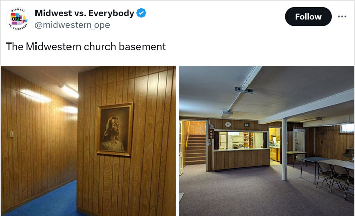 Midwestern church basement with wood paneling and framed artwork, showcasing unique regional architecture.