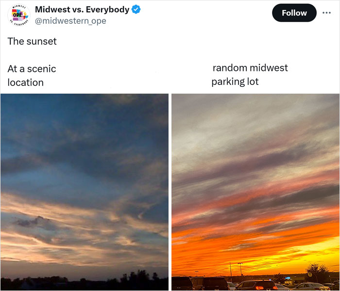 Midwest sunset comparison: a scenic location versus a vibrant parking lot sky.