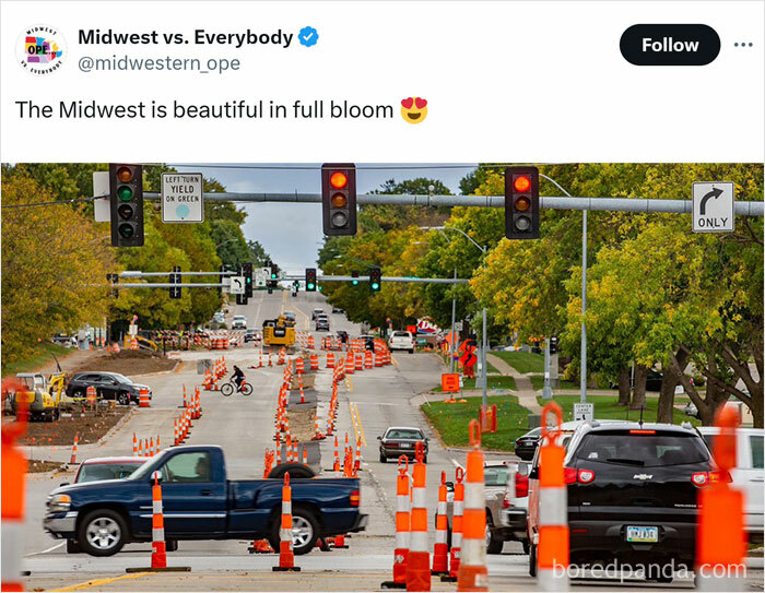 Midwest road with construction cones and traffic under a cloudy sky, showcasing regional quirks in full bloom.