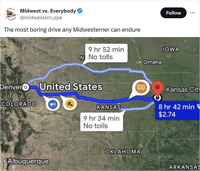 Map showing a road trip from Denver to Kansas City, highlighting long Midwest drives with different routes and durations.