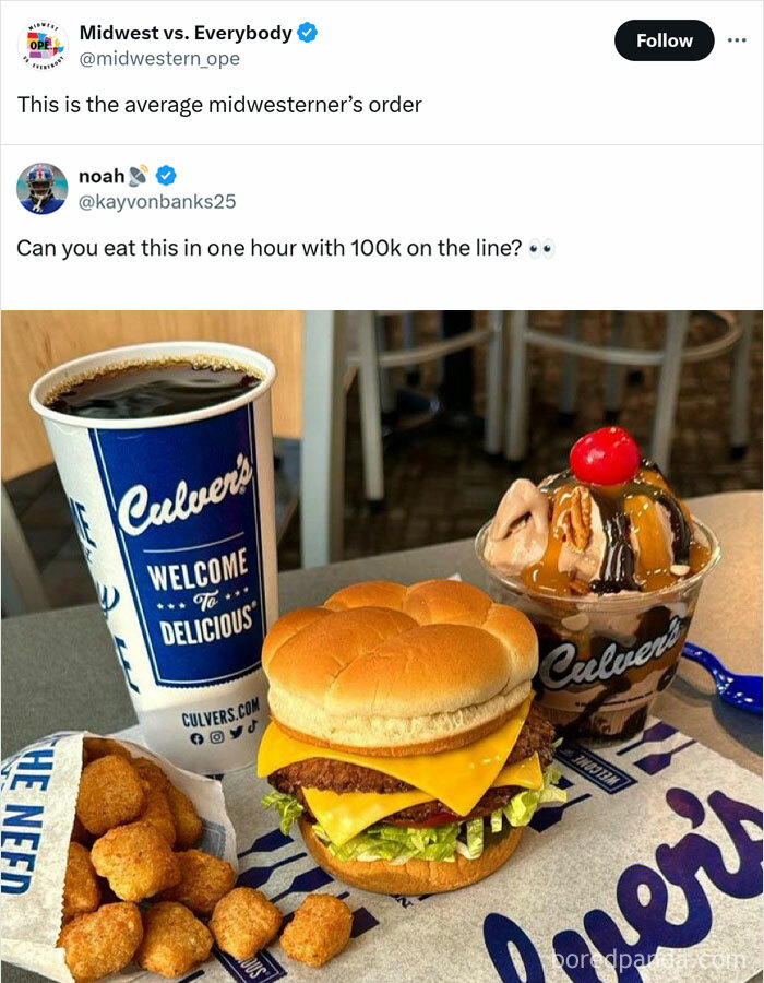 Midwest meal with Culver's burger, cheese curds, soda, and sundae, showcasing regional dining culture.