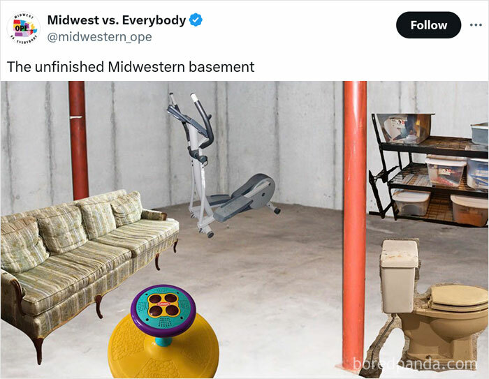 Midwestern basement with a couch, exercise bike, toilet, and shelves in an unfinished setting.