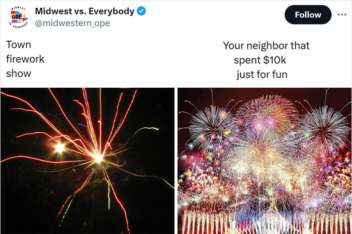 Split image comparison of Midwest fireworks: modest town display versus extravagant show.