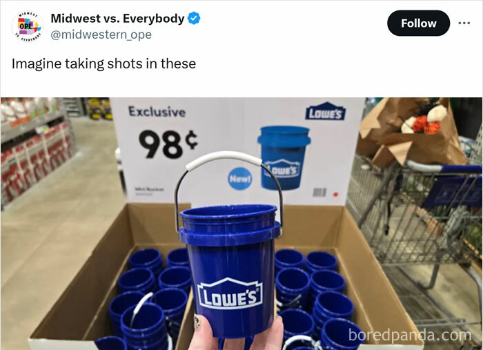 Mini blue buckets at Lowe's showcasing Midwest humor with price tag of 98 cents.