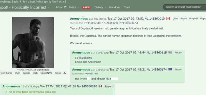 A 4chan thread featuring the Giga Chad meme with comments discussing "peak performance" and humorous remarks about the iconic chiseled figure.