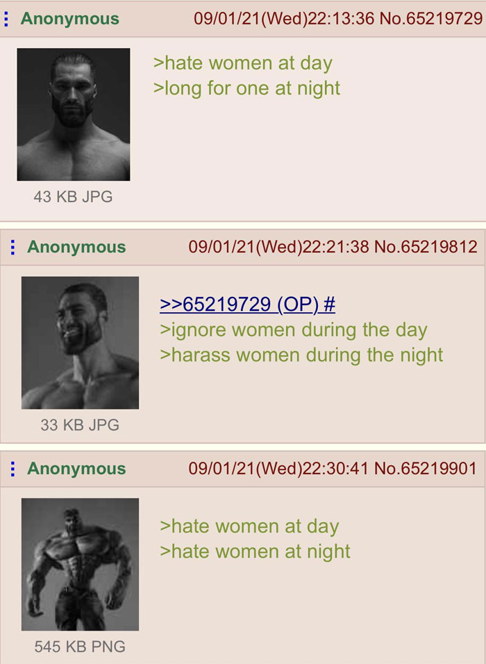 A 4chan thread featuring Giga Chad images with contrasting captions about attitudes toward women during day and night, showcasing meme humor.