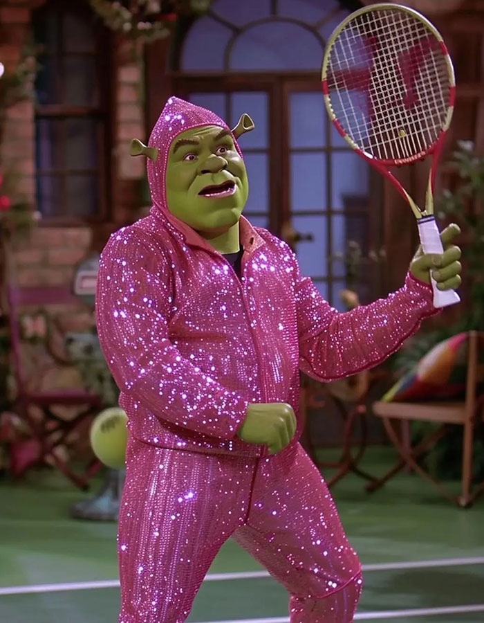 "A goofy ahh meme of a character resembling Shrek dressed in a sparkly pink tracksuit, holding a tennis racket, and standing on a tennis court."