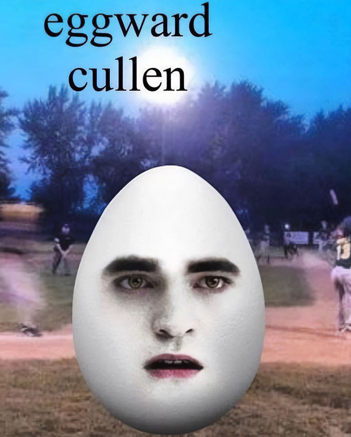 "A goofy ahh meme featuring an egg with Edward Cullen's face edited onto it, titled 'eggward cullen,' with a baseball field background."