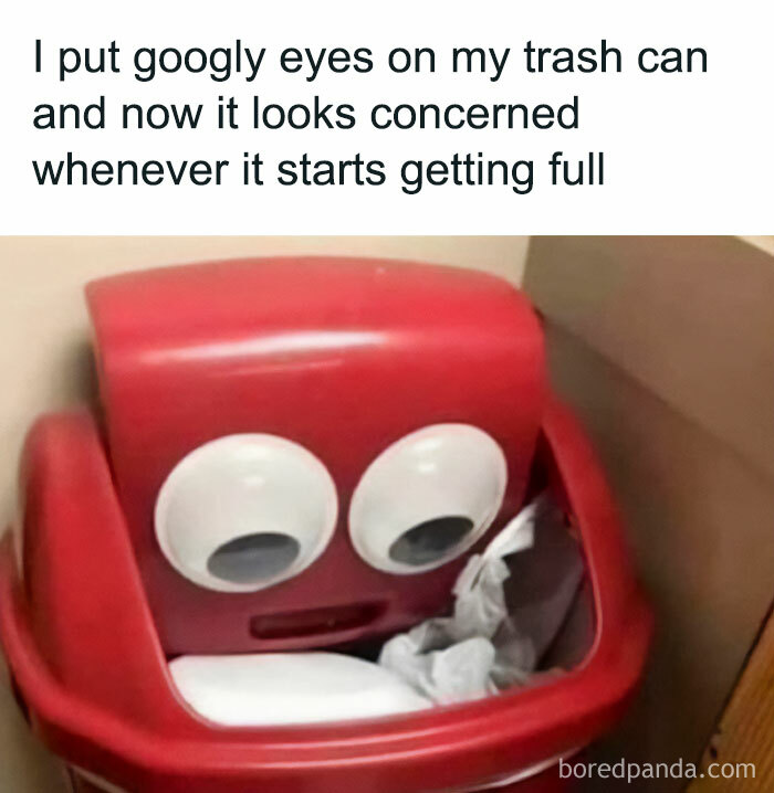 "A goofy ahh meme of a red trash can with googly eyes added, making it look concerned as it fills with trash. Text above reads, 'I put googly eyes on my trash can and now it looks concerned whenever it starts getting full.'"