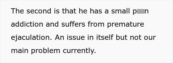 Text about a husband's personal issues related to addiction and intimacy challenges.