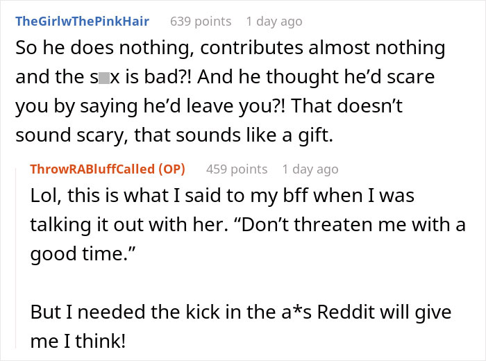 Reddit thread discussing a husband's attempted manipulation and being called a bluff by the original poster.