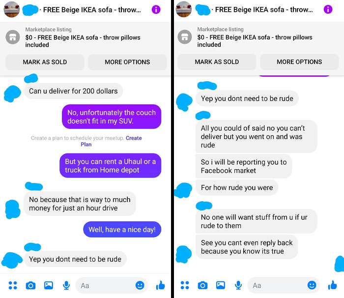 Just Trying To Give Away A Free IKEA Couch. Last Night, I Posted My Couch On Fb Marketplace As Free And This Is The First Person That Asks About The Listing