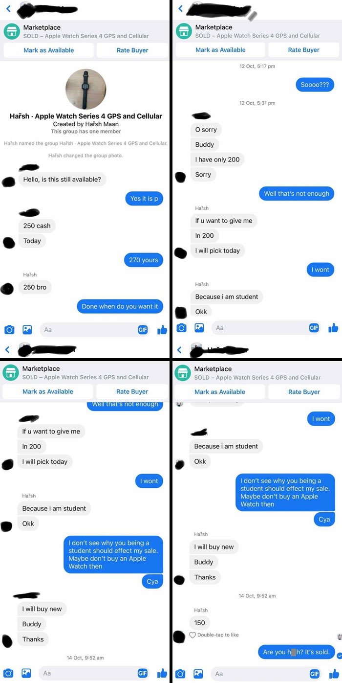 Screen Shots From A FB Marketplace Sale From A Few Years Ago. Still Can’t Over This Guy