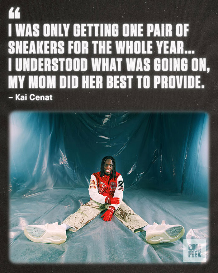 Kai Cenat sitting on a blue backdrop wearing a red varsity jacket, camo pants, and sneakers, paired with a quote about his upbringing and resilience.