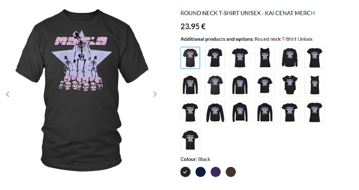 A Kai Cenat merchandise listing showcasing a black round-neck unisex T-shirt featuring a graphic design and priced at 23.95 €, with color options.