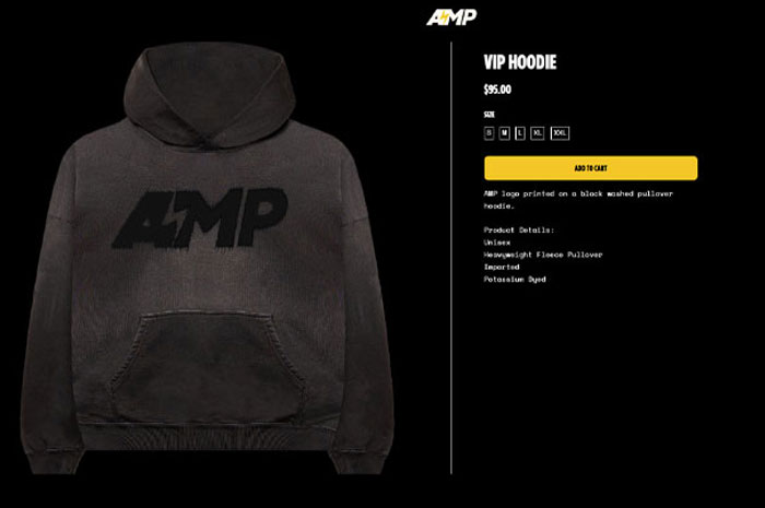 A black washed VIP hoodie with the A.M.P logo, priced at $95.00, featuring a unisex heavyweight fleece pullover design, available in multiple sizes.