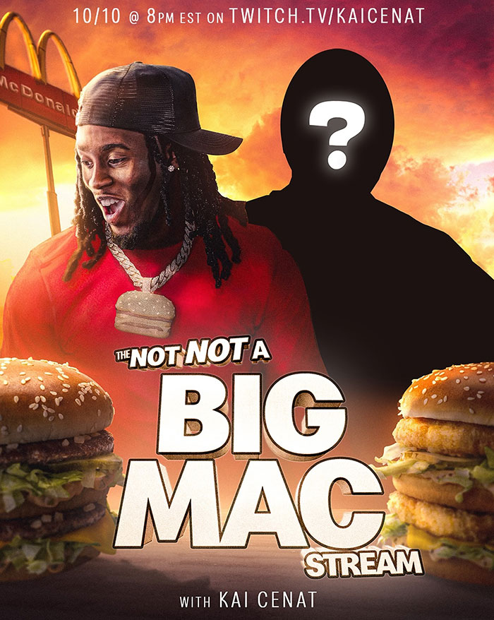 A promotional poster for "The Not Not a Big Mac Stream" featuring Kai Cenat in a red outfit, with McDonald's burgers and a mystery guest silhouette.