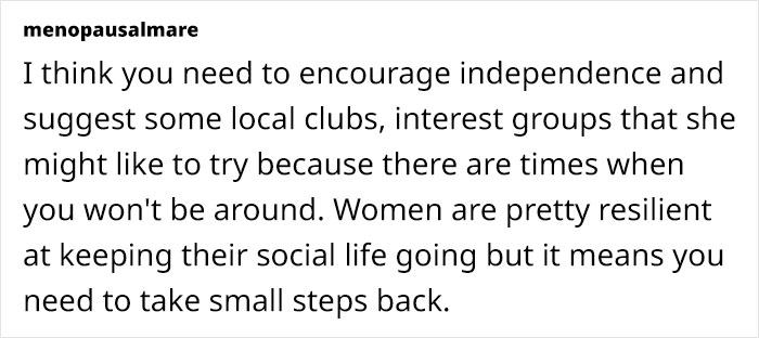 Text about encouraging independence for grieving mother-in-law through local clubs and interest groups.