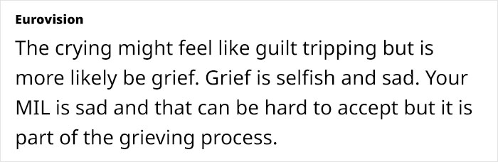 Text about MIL grieving process and its emotional impact on family dynamics.