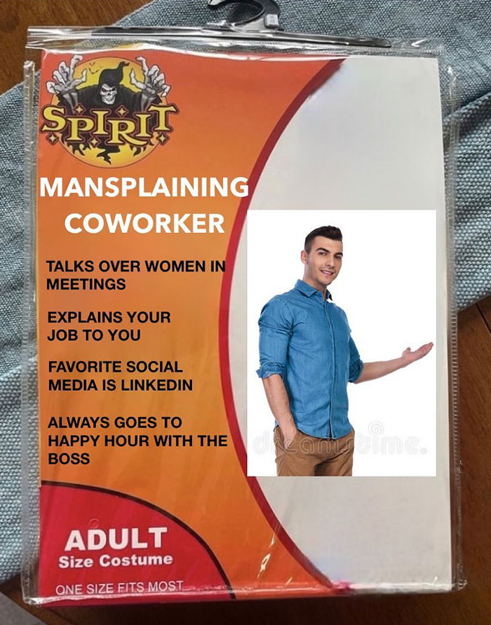 A mansplaining meme showing a fake costume package labeled "Mansplaining Coworker," listing traits like "talks over women in meetings" and "explains your job to you."