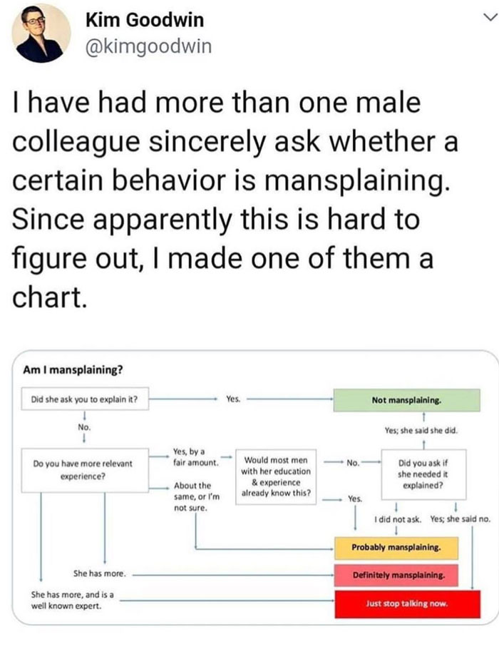 A mansplaining meme featuring a tweet by Kim Goodwin with a flowchart titled "Am I mansplaining?" guiding users through steps to determine if they are.