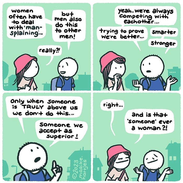 A mansplaining meme comic where a man explains that men also mansplain to each other, but only respect someone “superior” — never a woman.