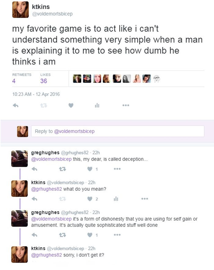 A mansplaining meme tweet where a woman shares her game of feigning confusion to see how simple men think she is, leading a man to explain "deception."