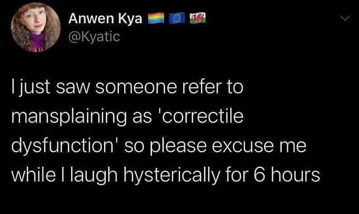  A mansplaining meme tweet by Anwen Kya saying someone called mansplaining "correctile dysfunction," adding, "please excuse me while I laugh hysterically."