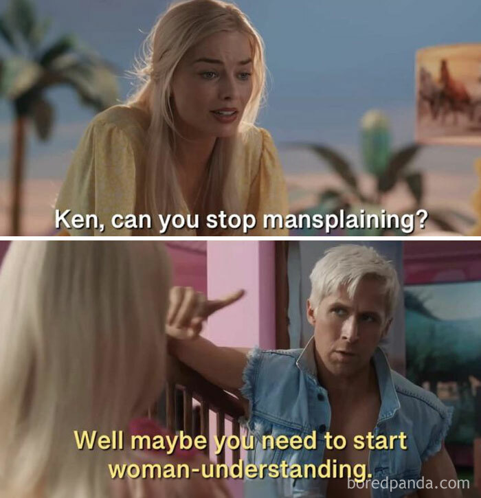 A mansplaining meme featuring Barbie saying, "Ken, can you stop mansplaining?" and Ken replying, "Well maybe you need to start woman-understanding."