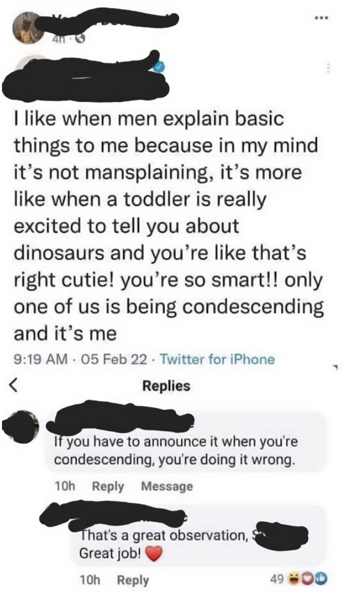 A mansplaining meme where a woman compares mansplaining to a toddler explaining dinosaurs, calling it "condescending, and it’s me."