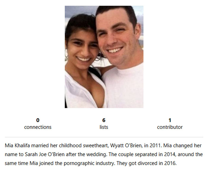 A photo of Mia Khalifa smiling with her ex-husband Wyatt O’Brien, captioned with details about their marriage, separation, and divorce.